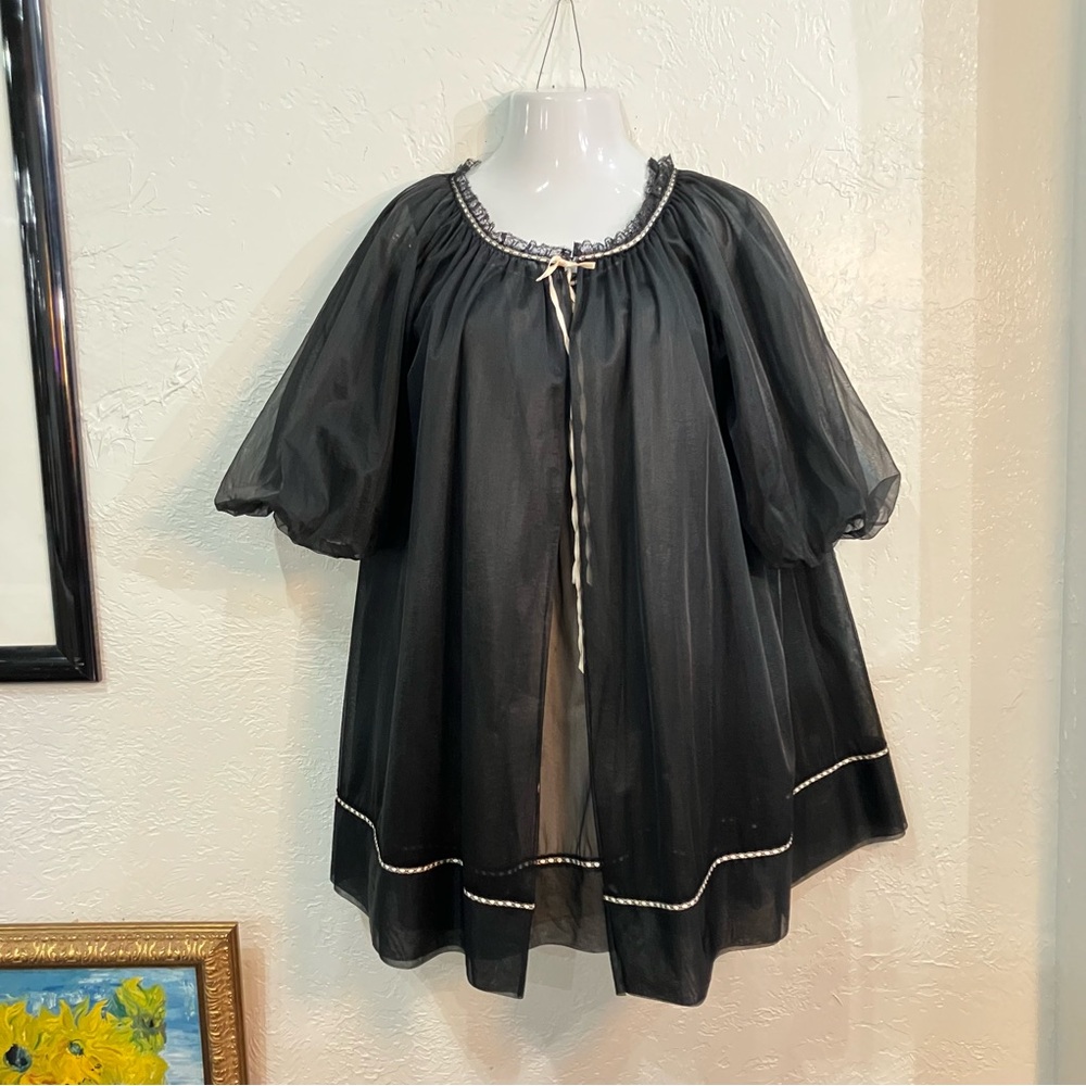 1960s Vintage Black Chiffon Peignoir Nightgown Li… - image 2